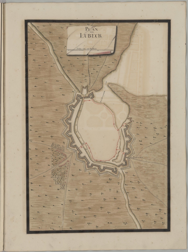 Ein altes Buch mit einer detaillierten Karte von Lübeck, Deutschland, das Straßen, Gebäude und Sehenswürdigkeiten zeigt und von Texten über die Bevölkerung, Geschichte und Kultur der Stadt begleitet wird.