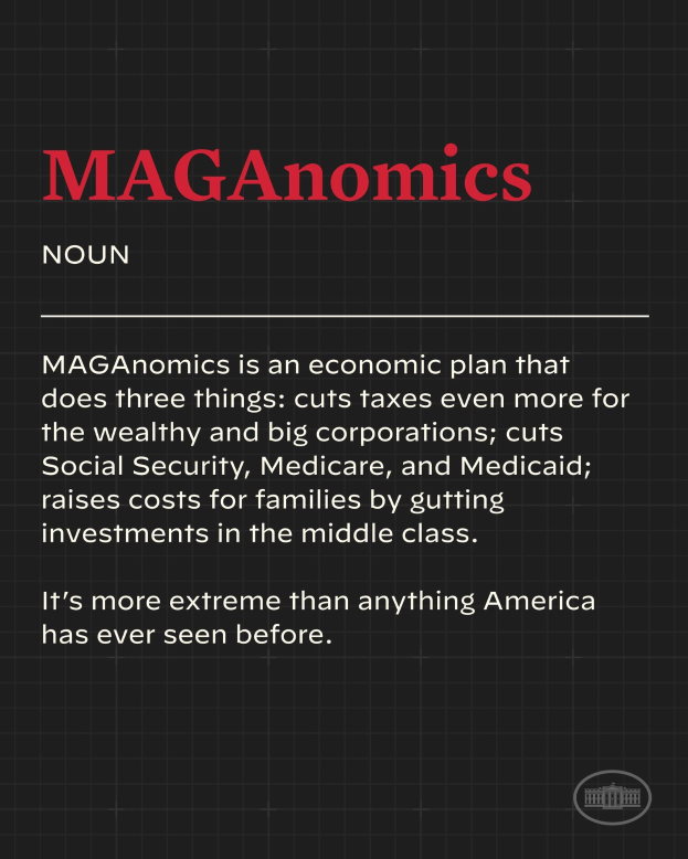 Plakat mit fettem schwarzem Text auf einem weißen Hintergrund, eingerahmt von einem schmalen schwarzen Rand, das "Maganomics: Ein Wirtschaftsplan, der drei Dinge tut - Steuern für Wohlhabende und große Unternehmen weiter senken." zeigt.