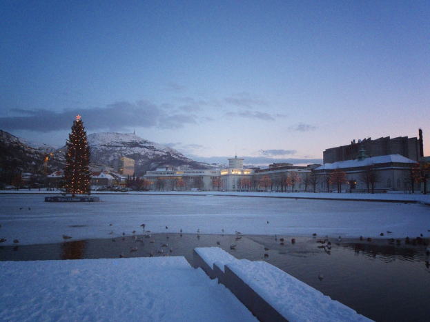 Eine Stadtansicht mit Gebäuden, Häusern und Bäumen auf beiden Seiten, ein Weihnachtsbaum mit Lichtern auf der linken Seite, Bergen und Schnee im Hintergrund, einem bewölkten Himmel darüber und einem Gewässer mit ein paar Vögeln darunter.