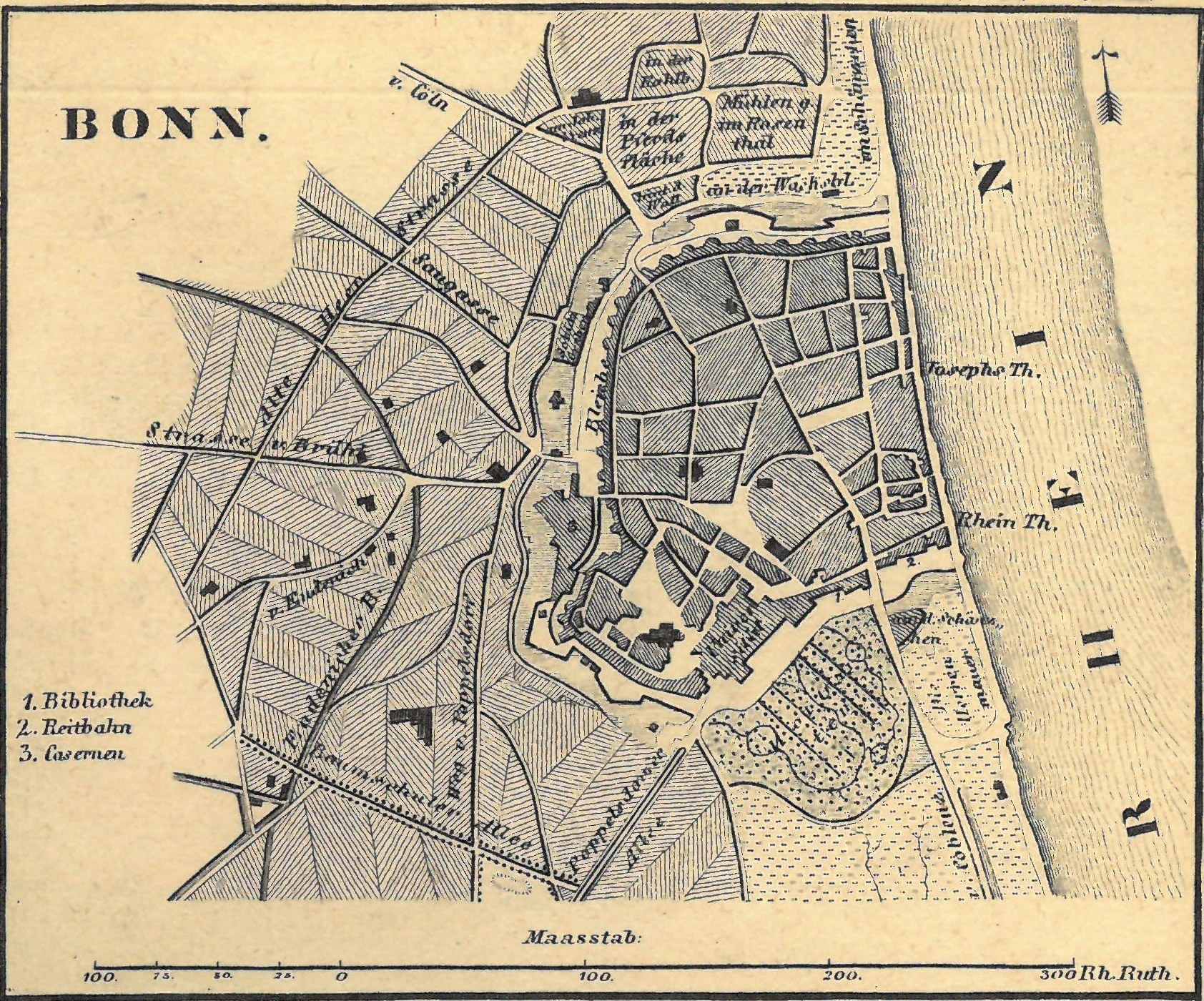 Ausführliche alte Karte von Bonn, Deutschland, zeigt Straßen, Gebäude und Sehenswürdigkeiten mit Textanmerkungen.