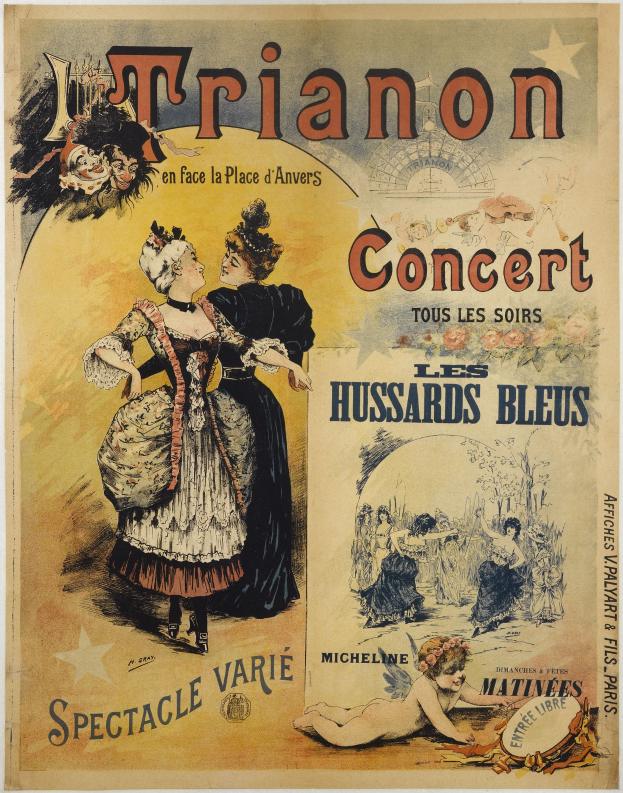 Ein Konzertplakat mit einer Frau in einem langen, hochgeschlossenen Kleid und einem Mann in einem Anzug, der hinter ihr steht und die Arme verschränkt, beide mit ernsten Gesichtern.