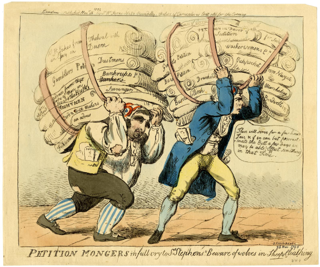 Zwei Karikaturenmännchen kämpfen gegeneinander, jedes hält ein großes Stück Papier mit Text darauf, was auf eine hitzige Diskussion hindeutet.