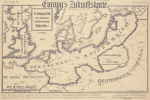 Eine alte Europa-Karte aus dem frühen 20. Jahrhundert, die das Ausmaß der Europäischen Union zeigt, mit begleitendem Text, der die Region beschreibt.