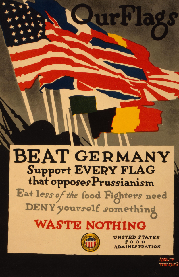 Ein Plakat mit einer roten, weißen und blauen Flagge mit einem weißen Stern und der schwarzen Schrift "Unsere Fahnen schlagen Deutschland - Stützt jede Fahne, die sich gegen Preußentum stellt", umgeben von einem weißen Rand.