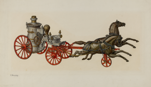 Eine Zeichnung von zwei Pferden, die einen Feuerwehrwagen ziehen, wobei die Räder des Fahrzeugs sichtbar sind.