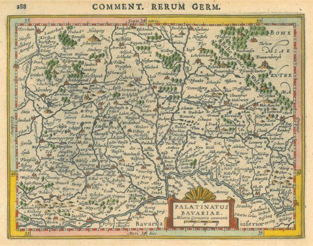 Eine alte Deutschlandkarte, die die Provinzen Pfalz und Bayern hervorhebt, mit zusätzlichem Text für weitere Informationen.