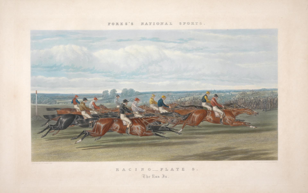 Gemälde von Reiterinnen und Reitern auf einer Rennbahn mit Bäumen und Wolken im Hintergrund, unten mit 'Renn-Plate 3: Der Lauf 3' beschriftet.