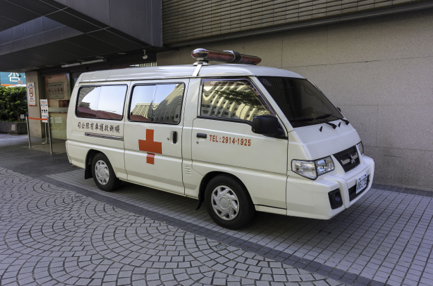 Ambulanz vor einem Gebäude mit einem Schild, das es als Notfahrzeug kennzeichnet, umgeben von Bäumen und Pflanzen.