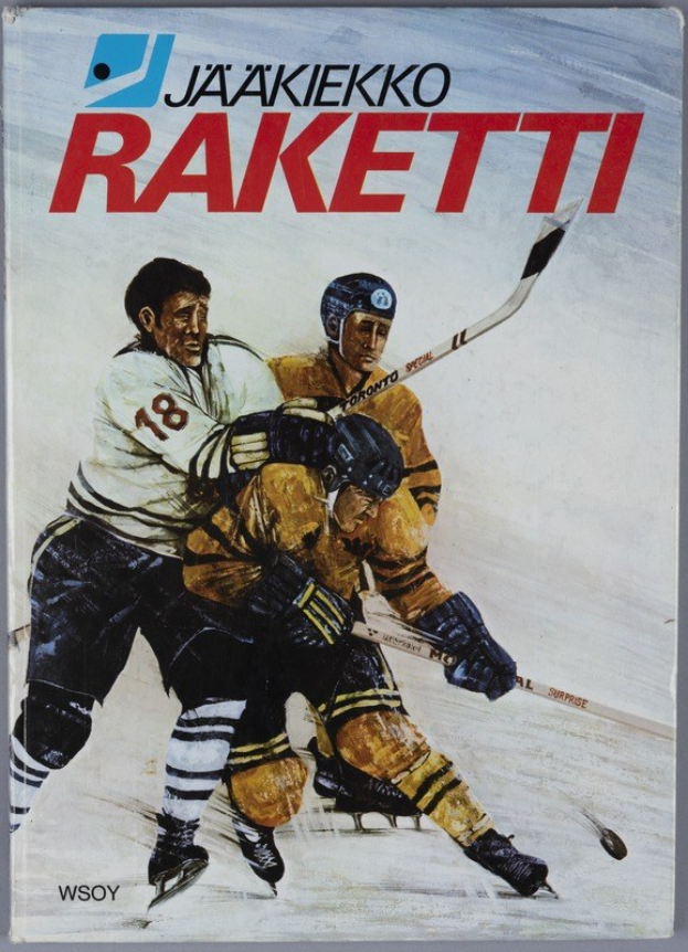 Buchumschlag mit dem Titel "Jääkiekko Raketti", der drei Eishockeyspieler zeigt, die jeweils einen Eishockeyschläger halten.