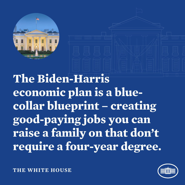 Plakat mit einem Bild des Weißen Hauses und Text, der den Biden-Harris-Wirtschaftsplan als eine Initiative für blaue Kragen-Jobs präsentiert.