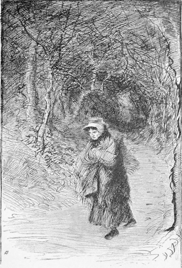 Eine ältere Frau mit Hut geht einen holprigen Waldweg entlang, umgeben von Bäumen, mit Text am unteren Bildrand.