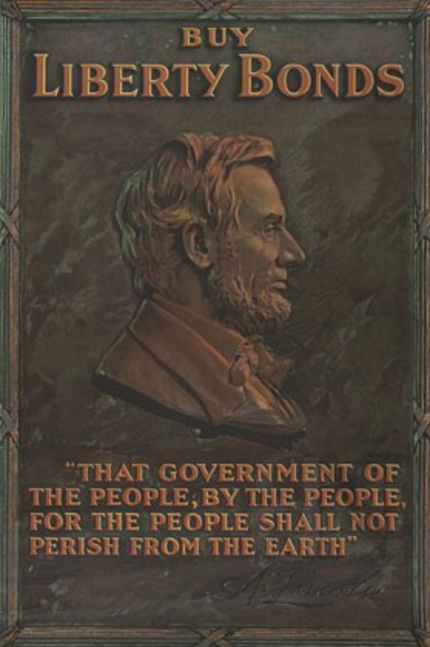 Porträt von Abraham Lincoln, dem 16. US-Präsidenten, mit der Aufschrift "Kaufen Sie Liberty Bonds" darunter in fetter Schrift auf einem hellblauen Hintergrund.