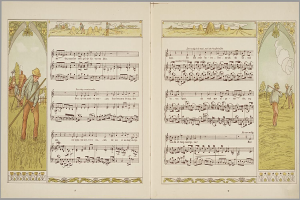 Ein aufgeschlagenes Buch mit dem Titel "Die Musik der Welt" mit einer Illustration eines Mannes in Hut, der einen Stab hält, und einer Frau in Kleid, die einen Blumenkorb hält, beide in einer grünen Wiese unter einem blauen Himmel.