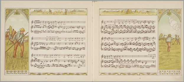 Ein aufgeschlagenes Buch mit dem Titel "Die Musik der Welt" mit einer Illustration eines Mannes in Hut, der einen Stab hält, und einer Frau in Kleid, die einen Blumenkorb hält, beide in einer grünen Wiese unter einem blauen Himmel.