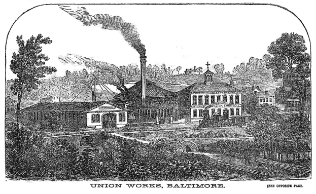 Schwarz-weiß-Zeichnung der Union Works in Baltimore, Maryland, mit Gebäuden, Bäumen, Rauch im Hintergrund und Text unten.