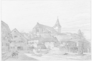 Eine Schwarz-Weiß-Zeichnung einer Straßen Szene in Heidelberg, Deutschland, mit der Kirche der Heiligen Dreifaltigkeit im Hintergrund, umgeben von Gebäuden, Menschen, Tieren, Bäumen und einem Himmel, mit Text unten, der besagt "Die Kirche der Heiligen Dreifaltigkeit im alten Stadtkern von Heidelberg, Deutschland".