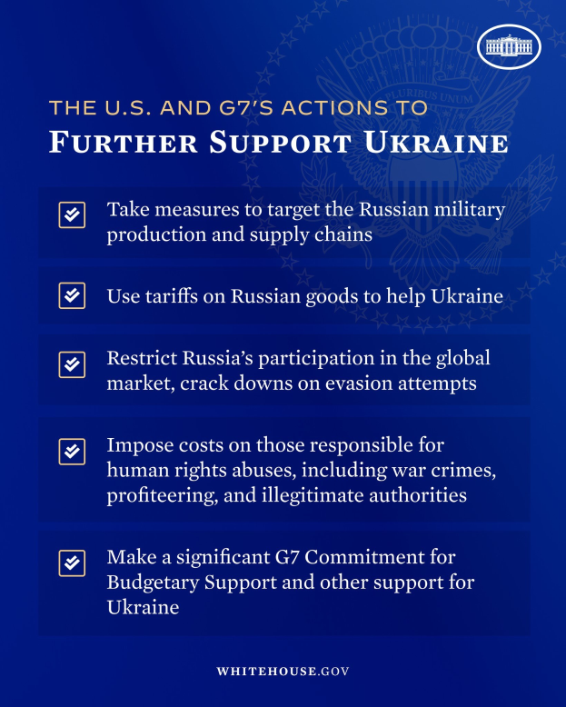 Blauer Plakat mit weißer Schrift und einem Logo, das "Die USA und die Maßnahmen der G7 zur weiteren Unterstützung der Ukraine" zeigt, auf einem blauen Hintergrund mit einem weißen Kreis-Logo, das den roten Text "G7" enthält.