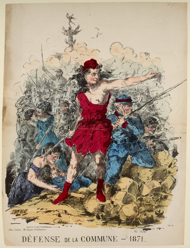 Frau in rotem Kleid, die in der Mitte einer Gruppe bewaffneter Personen steht, mit Text 'Defense de la Commune 1871' unten.