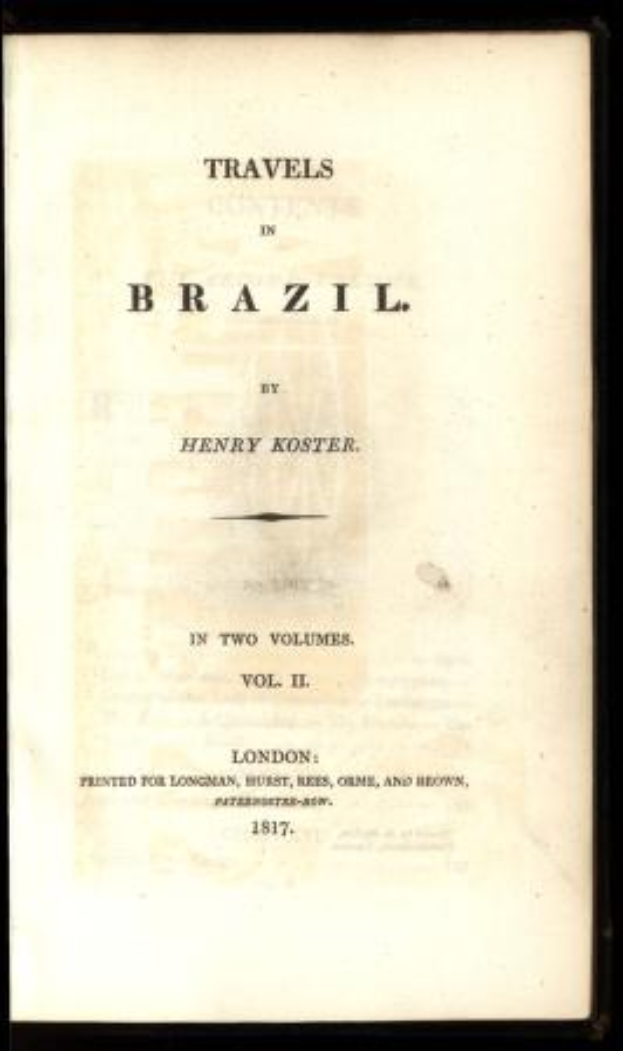 Ein offenes Buch mit dem Titel "Reisen in Brasilien von Henry Koster" und einer detaillierten Illustration einer Landkarte von Brasilien auf einer Seite, die vor einem hellblauen Himmel mit verstreuten weißen Wolken liegt.