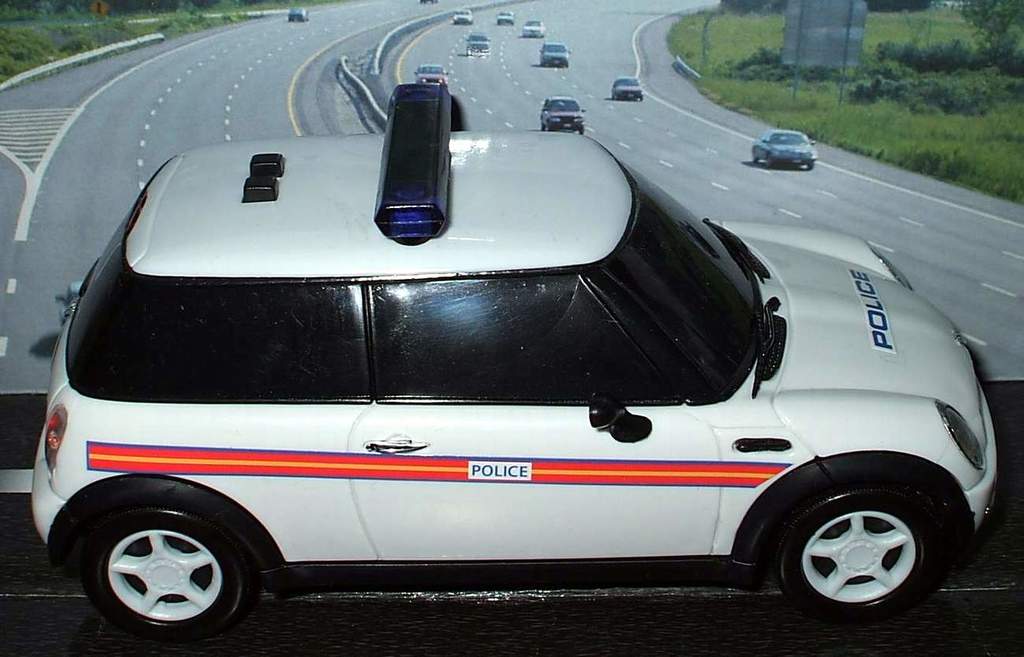 Ein weißes Polizeiauto steht im Vordergrund mit mehreren Autos, die dahinter auf der Straße fahren, umgeben von Gras und Bäumen auf beiden Seiten.