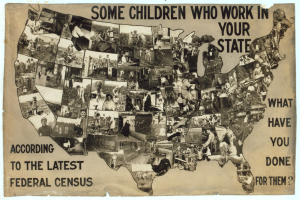 Ein Plakat mit einer Karte der Vereinigten Staaten, Bildern von Menschen und dem Text "Einige Kinder, die in Ihrem Bundesstaat arbeiten, laut der letzten Volkszählung".