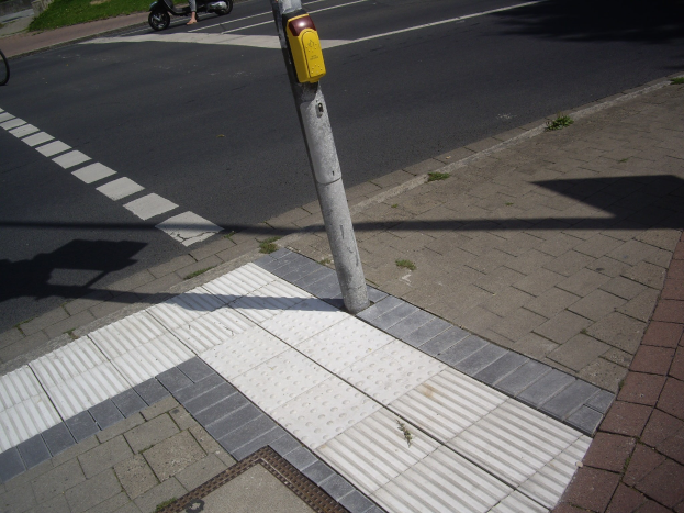 Eine Person fährt mit einem Roller auf der Straße neben einem Gehweg vorbei an einem Pfosten auf der Straße, mit einem Fahrrad auf dem Gehweg links und Gebäuden, Bäumen und Gras im Hintergrund.