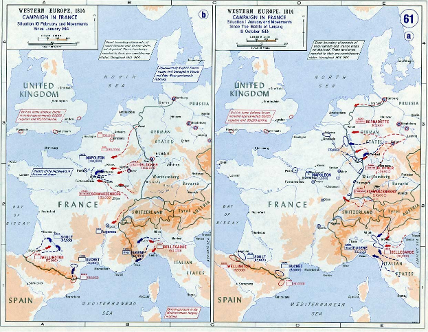 Plakat mit einem detaillierten Europa-Karte während der Schlacht von Leipzig, unterteilt in Regionen mit beschrifteten Städten, Dörfern und geografischen Merkmalen, begleitet von erklärendem Text.