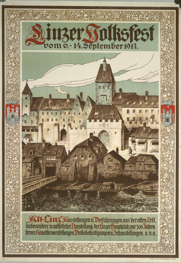 Ein Vintage-Plakat, das ein Festival in Deutschland ankündigt und ein Schloss inmitten von Häusern zeigt.