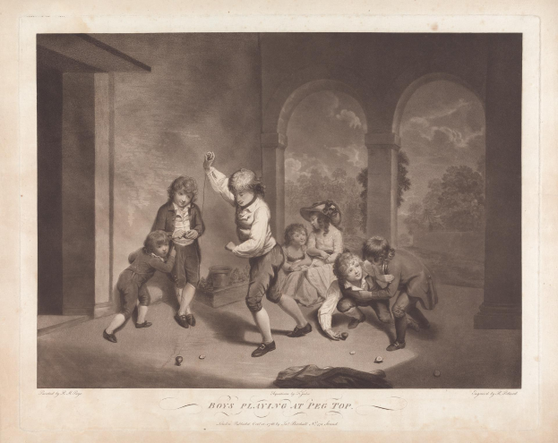 Kinder spielen ein Spiel mit Stecknadeln in einem Raum mit Wänden, Säulen, Bäumen und einem bewölkten Himmel im Hintergrund.