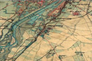 Ein detaillierter alter Stadtplan von Obergiesing, Deutschland, der Straßen, Gebäude und Sehenswürdigkeiten zeigt, mit Text oben und unten.