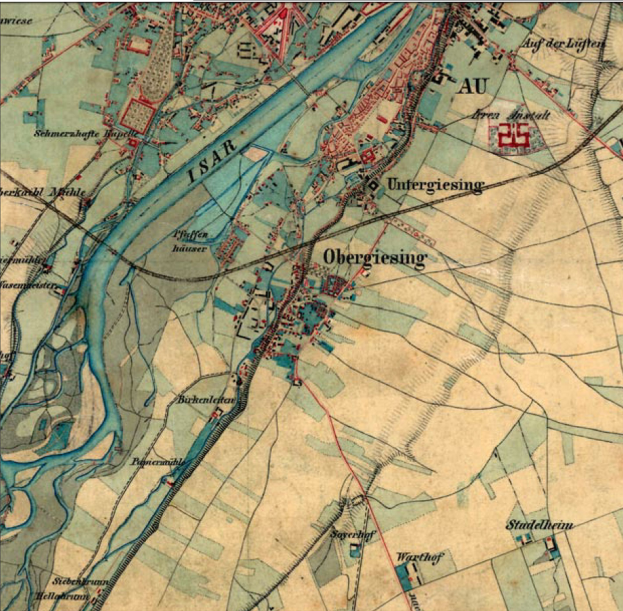 Ein detaillierter alter Stadtplan von Obergiesing, Deutschland, der Straßen, Gebäude und Sehenswürdigkeiten zeigt, mit Text oben und unten.