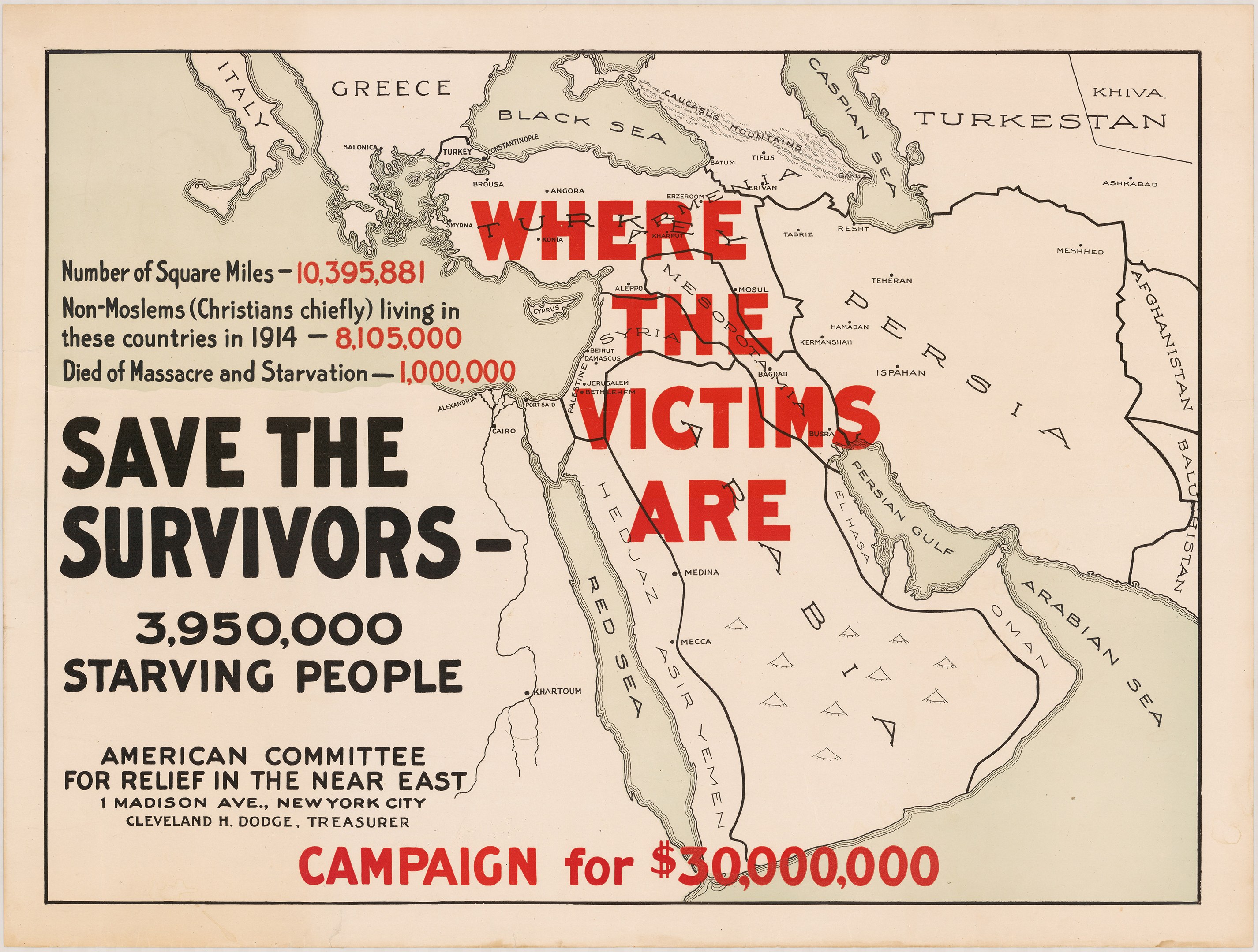 Plakat mit einer Weltkarte und dem Text "Wo die Opfer sind: Retten Sie die Überlebenden - 3.950.000 Hungrige Menschen", das die Auswirkungen von Hunger und Krieg hervorhebt.