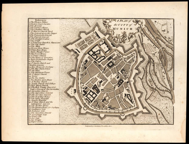 Detailiertes altes Stadtplan von München, Deutschland, auf schwarzem Hintergrund, der Straßen, Gebäude und Sehenswürdigkeiten zeigt.