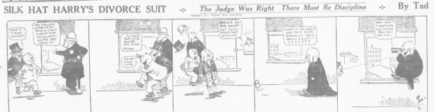 Cartoon-Illustration eines Mannes in einem schwarzen Anzug mit weißem Hemd und schwarzer Krawatte und einer Frau in einem eleganten Kleid mit einem schwarzen Schal, beide mit ernsten Gesichtern, beschriftet mit "Scheidungsklage."