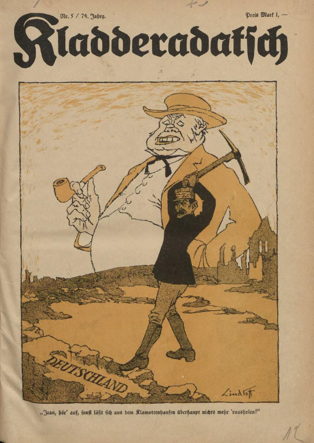 Ein altes Buchcover mit einer Karikatur eines Mannes in Hut, der einen Hammer und eine Pfeife hält, und einer verzweifelten Frau in einem Kleid, mit der Überschrift "Rladeradatich", was "Tod in Deutschland" bedeutet.