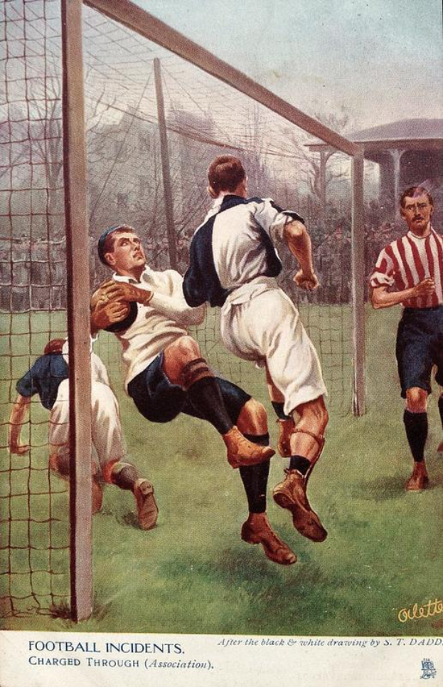 Ein Bild von Männern, die Füßball auf einem Feld mit einem Netz, Bäumen, einem Gebäude und einem klaren blauen Himmel im Hintergrund spielen, mit dem Text "Football Incidents Charged Through Association" unten.