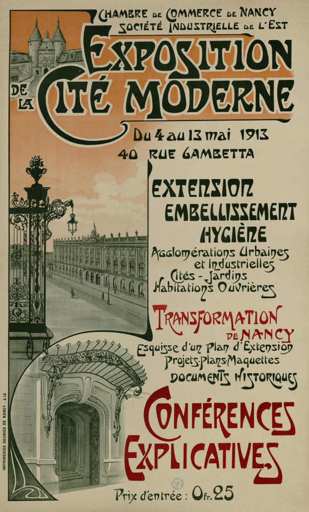 Ein Plakat, das eine Ausstellung in Cite Moderne ankündigt und ein Bild eines Gebäudes, eines Tors und eines bewölkten Himmels zeigt, mit Text, der die Ausstellung Details enthält.