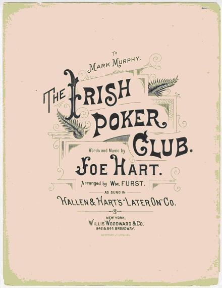 Ein gerahmtes Poster mit 'The Irish Poker Club' in fetter schwarzer Schrift auf einem weißen Hintergrund, umrandet von einer dünnen schwarzen Linie und mit einer bunten Kleeblatt-Illustration.