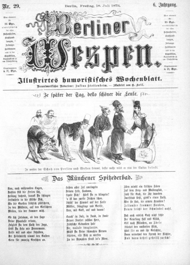 Alte Zeitung von Juli 1873 mit einer Karikatur eines besorgten Mannes mit Zylinder und Frau in einem Kleid.