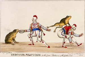 Ein Gemälde von drei Clowns in bunten Kostümen in einer Zirkusumgebung, mit einem Frosch auf ihren Schultern und dekorativem Text unten.