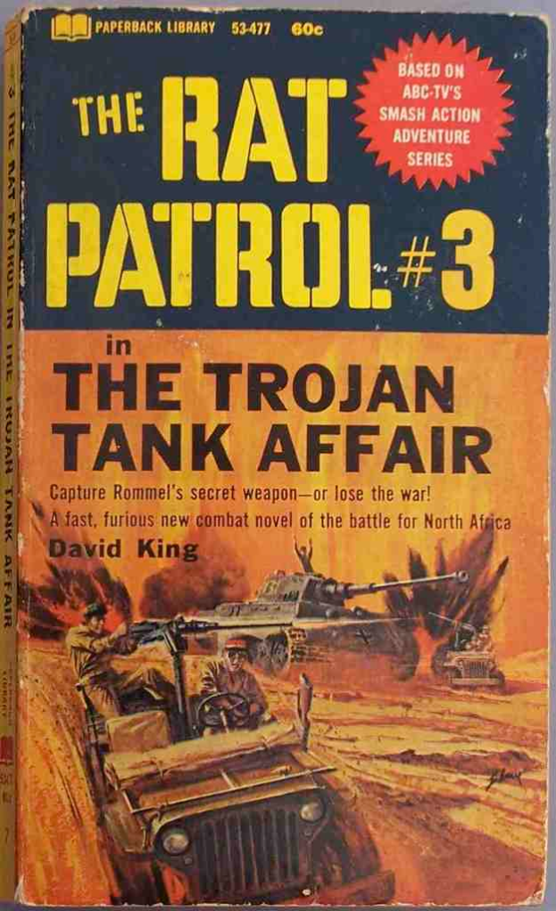Ein Buchumschlag mit Armee-Panzern und Jeeps in einer Kriegsszene mit Text über der Illustration.