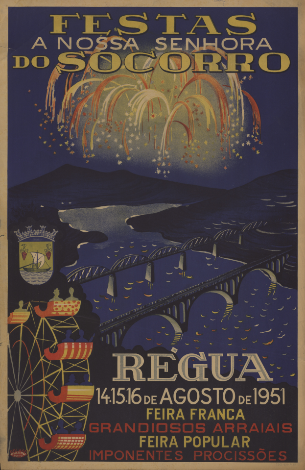 Ein Plakat für ein Festival in Brasilien, das eine Brücke, Wasser, Hügel und Feuerwerk zeigt, mit Text, der Informationen zum Festival enthält.