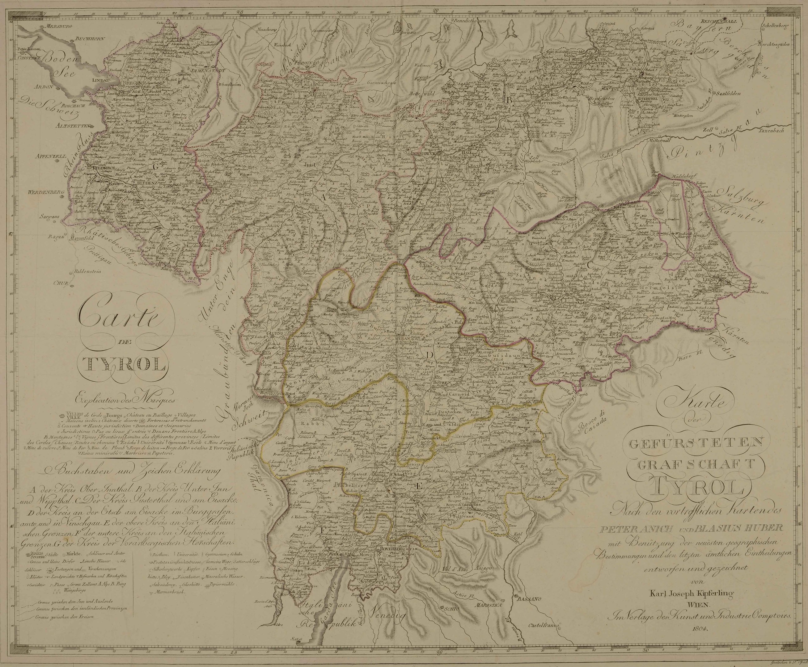 Detailierte alte Karte von Tirol, Deutschland, mit Städten, Dörfern, geografischen Merkmalen und Text mit zusätzlichen Informationen wie Bevölkerung, Straßen und Sehenswürdigkeiten.