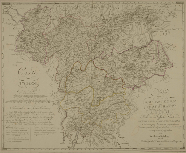 Detailierte alte Karte von Tirol, Deutschland, mit Städten, Dörfern, geografischen Merkmalen und Text mit zusätzlichen Informationen wie Bevölkerung, Straßen und Sehenswürdigkeiten.