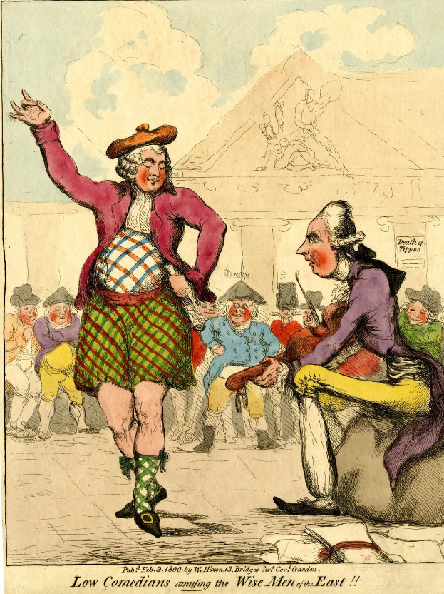 Cartoon-Illustration eines Mannes in einem Kilt und einer Frau in einem Kleid, die vor einem Publikum auf einer Bühne stehen, mit dem Text unten: 'Niedrige Komiker amüsieren die weisen Männer des Ostens.'