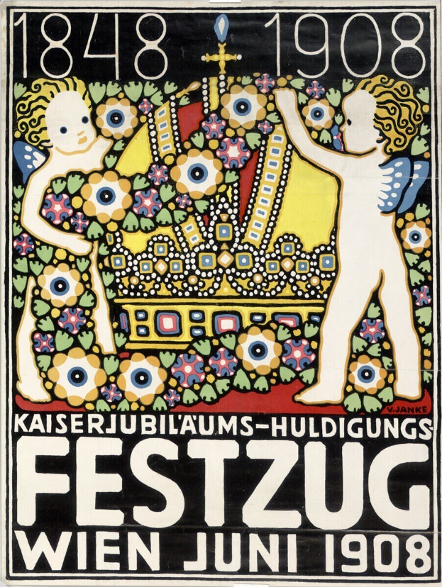 Plakat für ein Festival in Wien, Österreich, mit einem Gemälde von einem Jungen und einem Mädchen, die Arm in Arm stehen und Festivaldetails.