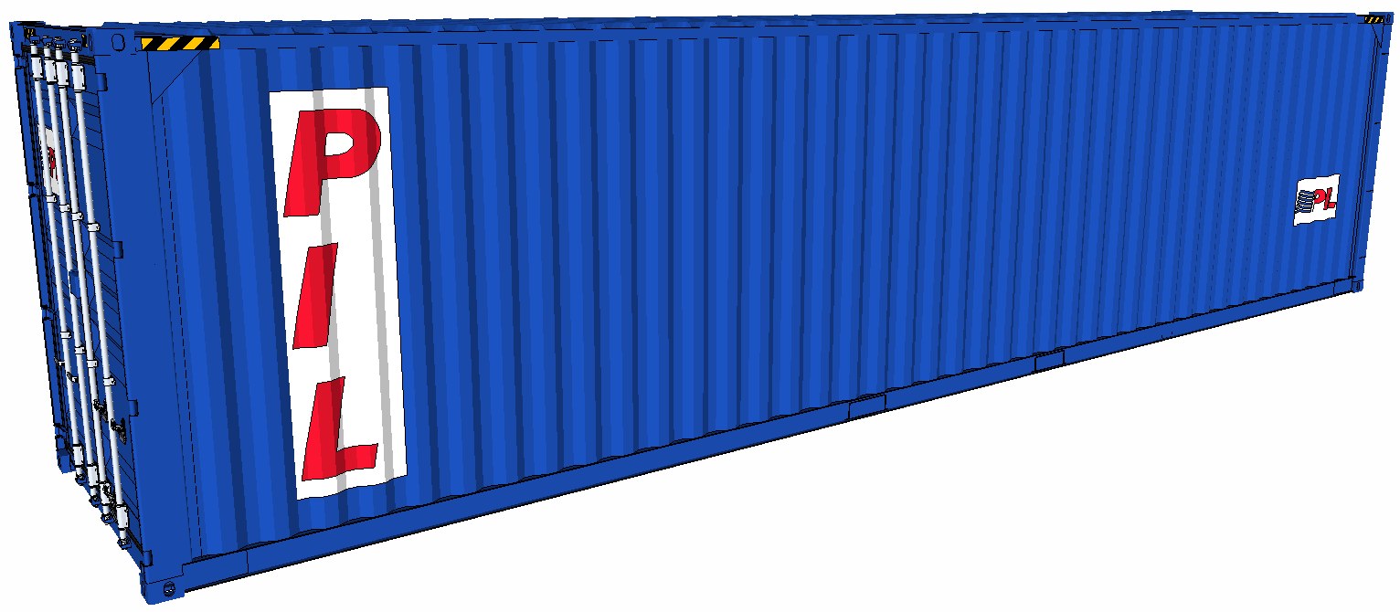 Blauer Seecontainer mit "PL" darauf vor einem weißen Hintergrund.