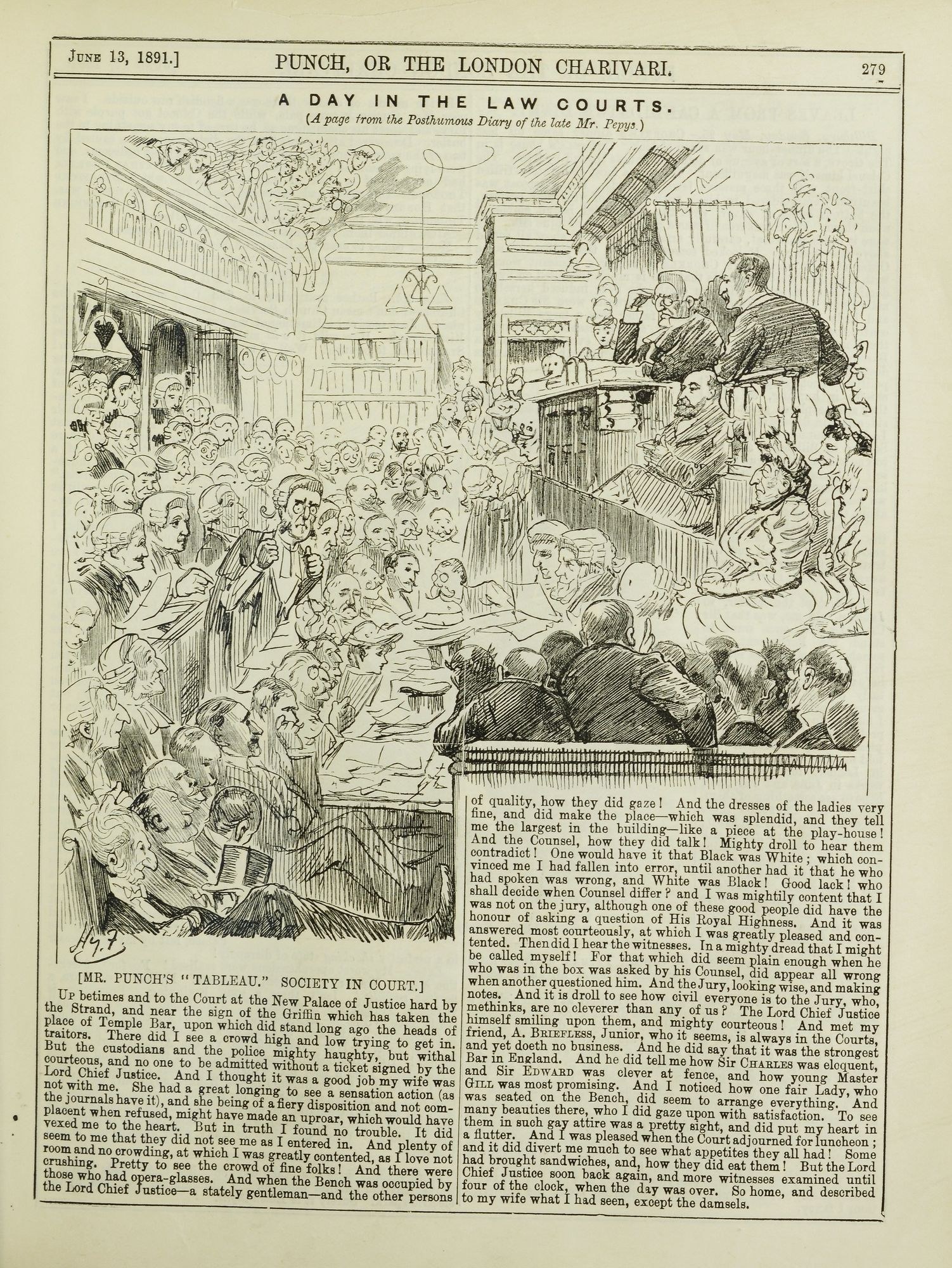 Offenes Buch mit einer Illustration einer Gerichtsszene, die eine diskutierende Menge und eine zentrale Seite mit Text und Bildern zeigt.