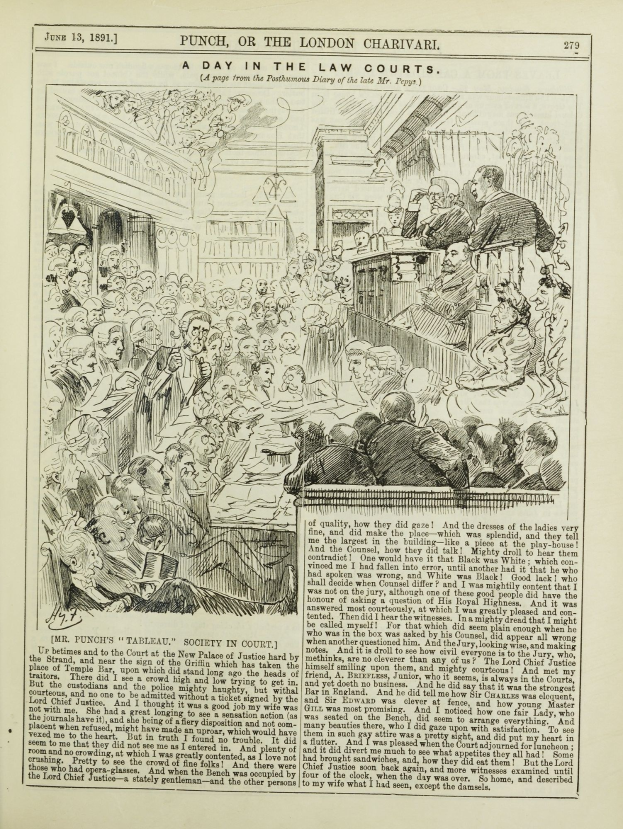 Offenes Buch mit einer Illustration einer Gerichtsszene, die eine diskutierende Menge und eine zentrale Seite mit Text und Bildern zeigt.