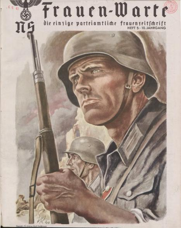 Ein deutsches Propagandaplakat aus dem Zweiten Weltkrieg, das einen Mann in Uniform mit einem Gewehr zeigt, umgeben von zwei weiteren Personen, Text und Logo.